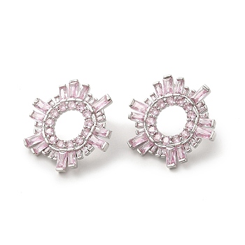 Pink Cubic Zirconia Sun Stud Earrings, Rack Plating Brass Earrings for Women, Lead Free & Cadmium Free, Platinum, 26x24.5mm