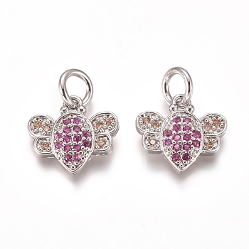 Brass Micro Pave Cubic Zirconia Charms, with Jump Rings, Bees, Magenta & PeachPuff, Platinum, 10x11x2mm, Hole: 3mm