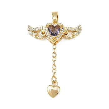 Brass Micro Pave Cubic Zirconia Pendants, Glass Heart & Wings, Rack Plating, Cadmium Free & Lead Free, Long-Lasting Plated, Golden, Violet, 33x23x7mm, Hole: 4x2mm