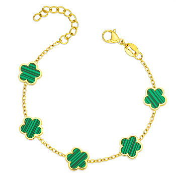 Elegant Green Acrylic Flower Link Chain Bracelets, Stainless Steel Cable Chain Bracelets for Women, Golden