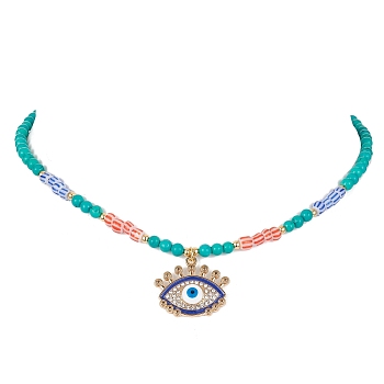 Horse Eye Alloy Enamel Pendant Necklace, Dyed Natural Howlite & Glass Seed Round Beaded Necklace for Women, 15.55 inch(39.5cm)