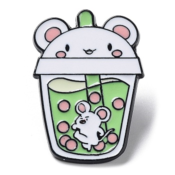 Cartoon Animal Boba Tea Cup Enamel Pin, Electrophoresis Black Alloy Brooch for Clothes Backpack, Mouse, 31x22x1.5mm