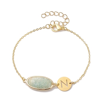 Natural Amazonite Faceted Oval Link Bracelets, Titanium Steel Hollow Letter N Brass Cable Chain Bracelets for Women, Golden, 7-3/4 inch(19.7cm)