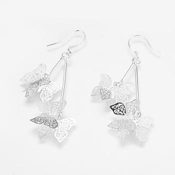 Brass Dangle Earrings, Hollow Butterfly, Silver Color Plated, 63mm, 48x15.5x1mm, Pin: 0.5mm