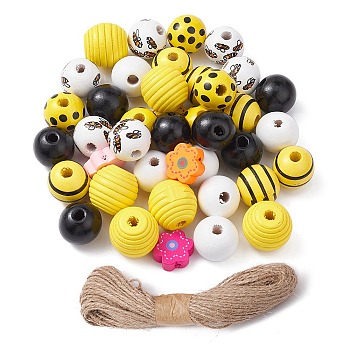 DIY Bee Pendant Decoration Making Kit, Including Printed Wood Round & Flower Beads, Jute Cord, Mixed Color, Beads: 14.5~18x5~17mm, Hole: 2~4.5mm, 70Pcs/bag