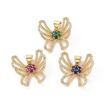 Brass Micro Pave Cubic Zirconia Pendants, Real 18K Gold Plated, Hollow Butterfly with Flower Charm, Mixed Color, 20.5x20.5x4.5mm, Hole: 4x3.5mm
