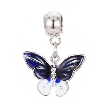 Tibetan Style Alloy European Dangle Charms, Large Hole Beads, with Enamel and Rhinestone, Butterfly, Blue, Platinum, 33mm, Hole: 6mm, Pendant: 17x24x3mm