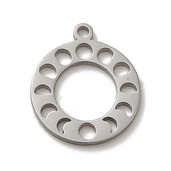 304 Stainless Steel Charms, Laser Cut, Round Ring with Moon Phases Charm, Stainless Steel Color, 14.5x12.5x1mm, Hole: 1.2mm