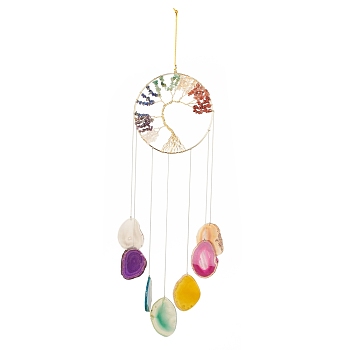 Chakra Flat Round with Tree of Life Wire Wrapped Wind Chimes, with Chips Natural Gemstone Beads and Natural Agate Pendants, 635mm