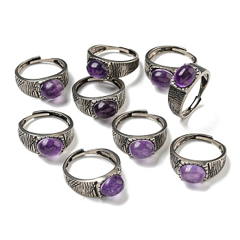 Oval Natural Amethyst Adjustable Rings, Antique Silver Tone Brass Finger Rings for Women, 8mm, Inner Diameter: 18mm