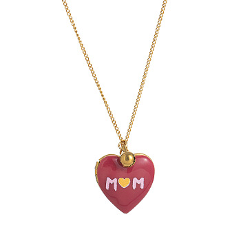 304 Stainless Steel Enamel Printed Mom Heart Locket Pendant Necklaces for Mother's Day Gift, Golden, Dark Red, 17.72 inch(45cm)