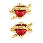 Brass & Faceted Glass Connector Charms, Sacred Heart with Roses & Sword Links, Long-Lasting Plated, Rack Plating, Cadmium Free & Lead Free, Golden, Red, 14.5x17x9mm, Hole: 2mm(GL-CBA96FD-03A-G)