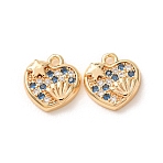 Valentine's Day Brass Micro Pave Blue Cubic Zirconia Charms, Heart Charms, Rack Plating, Long-Lasting Plated, Cadmium Free & Lead Free, Real 18K Gold Plated, 11x11x3mm, Hole: 1.3mm(KK-A304-24B-G)