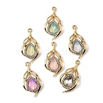 UV Plating Alloy Glass Pendants, Teardrop Charm, with Rhinestone, Faceted, Mixed Color, Golden, 32x15.5x4mm, Hole: 1.8mm(FIND-K032-37G)