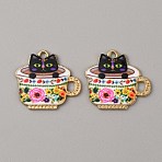 Alloy Enamel Pendants, Golden, Cartoon Tea Cup with Cat Charm, Colorful, 20x22.5x1.5mm, Hole: 1.6mm(ENAM-WH0061-30C)