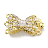 Brass Micro Pave Cubic Zirconia Box Clasps, with Plastic Pearl, Bowknot, 3-Strand, 6-Hole, Clear, 12.5x23.5x9.5mm, Hole: 1.2mm(KK-U037-19G-02)