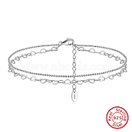 925 Sterling Silver Anklet, Heart, Real Platinum Plated, 8-1/4 inch(21cm)(AJEW-Z039-04P)