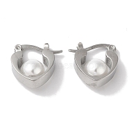 304 Stainless Steel ABS Imitation Pearl Hoop Earrings for Women, Heart, Stainless Steel Color, 16x7.5mm(EJEW-Z303-21P)