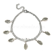 304 Stainless Steel Cable Chains Double Layer Multi-strand Bracelet, with Tibetan Style Alloy Leaf Charms, Antique Silver, 7-1/2 inch(19.1cm)(BJEW-TA00458)