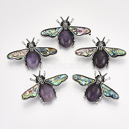 Natural Amethyst Brooches/Pendants, with Rhinestone and Alloy Findings, Abalone Shell/Paua Shelland Resin Bottom, Bee, Antique Silver, 36x56.5x14mm, Hole: 7x4mm, Pin: 0.7mm(G-S353-08J)