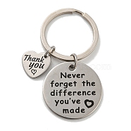 Teacher's Day Gift 201 Stainless Steel Word Thank You Keychains, with Iron Key Rings, Heart, 6cm, flat round: 30x1.5mm(KEYC-E040-05P-02)