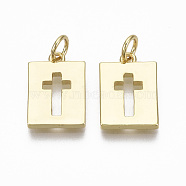 Brass Pendants, with Jump Ring, Rectangle with Cross, Nickel Free, Real 18K Gold Plated, 15.5x10.5x2mm, Hole: 3mm(KK-R133-007G-NF)