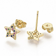 Brass Micro Pave Colorful Cubic Zirconia Stud Earrings, with Earring Backs, Star, Real 16K Gold Plated, 8x8mm, Pin: 0.7mm(EJEW-S208-027)