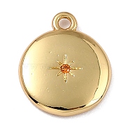 Brass Micro Pave Cubic Zirconia Charms, Long-Lasting Plated, Real 18K Gold Plated, Flat Round with Star, Orange Red, 12x10x2mm, Hole: 1.2mm(ZIRC-I054-13G-01)