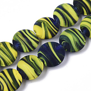 Handmade Frosted Lampwork Beads Strands, Stripe Beads, Flat Round, Yellow Green, 15~16x7.5~8mm, Hole: 1.2mm, about 35pcs/Strand, 19.69 inch~20.08 inch(LAMP-T007-09C)