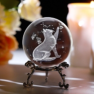 Inner Carving Glass Crystal Ball Diaplay Decoration, with Metal Holder, Fengshui Home Decor, Cat Shape, 60mm(PW-WG62740-02)