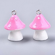 Opaque Resin Pendants, with Platinum Tone Iron Loops, Mushroom with Polka Dots, Pink, 23~24x17mm, Hole: 2mm(RESI-T028-69F)