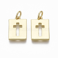 Brass Pendants, with Jump Ring, Rectangle with Cross, Nickel Free, Real 18K Gold Plated, 15.5x10.5x2mm, Hole: 3mm(KK-R133-007G-NF)