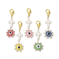 Evil Eye Glass & Resin Pendant Decoration, Cross Synthetic Turquoise & Lobster Clasp Charms for Bag, Key Chain Ornaments, Mixed Color, 60~60.5mm(HJEW-MZ00072)