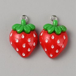 Opaque Resin Fruit Pendants, Strawberry Charms with Platinum Tone Iron Loops, Red, 24.8x16x8mm, Hole: 2mm(RESI-CJC0015-22)