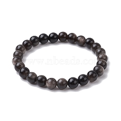 Natural Silver Obsidian Round Beaded Stretch Bracelets, Inner Diameter: 2-1/8 inch(5.5cm)(BJEW-JB11042)