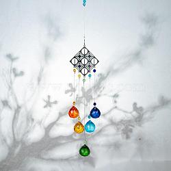 Crystals Chandelier Suncatchers Prisms Chakra Hanging Pendant, with Iron Cable Chains & Links, Glass Beads and Rhinestone, Rhombus, Platinum, 442mm(AJEW-Q142-05)