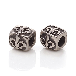 304 Stainless Steel European Beads, Large Hole Beads, Cuboid with Fleur De Lis, Antique Silver, 7.5x8x7~7.5mm, Hole: 4mm(STAS-I134-15AS)