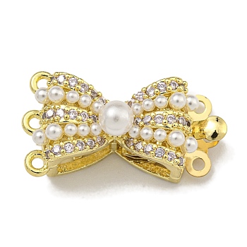 Brass Micro Pave Cubic Zirconia Box Clasps, with Plastic Pearl, Bowknot, 3-Strand, 6-Hole, Clear, 12.5x23.5x9.5mm, Hole: 1.2mm