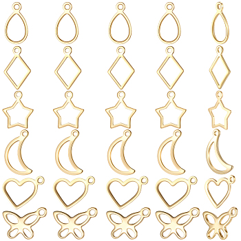 150Pcs 6 Styles 304 Stainless Steel Charms, Mixed Shapes, Real 18K Gold Plated, 10~15x7~13.7x0.8~1mm, Hole: 1~1.2mm, 25pcs/style