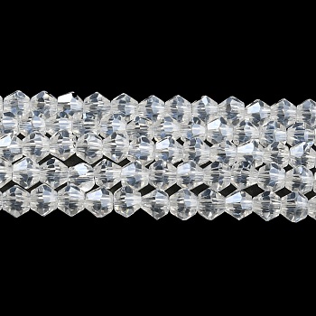Transparent Electroplate Glass Beads Strands, Pearl Luster Plated, Faceted, Bicone, Clear, 3.5mm, about 108~123pcs/strand, 12.76~14.61 inch(32.4~37.1cm)