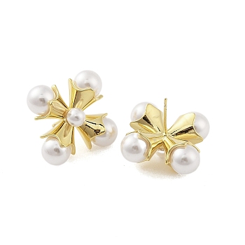 Brass with Resin Imitation Pearl Stud Earrings, Flower, Golden, 26x26mm