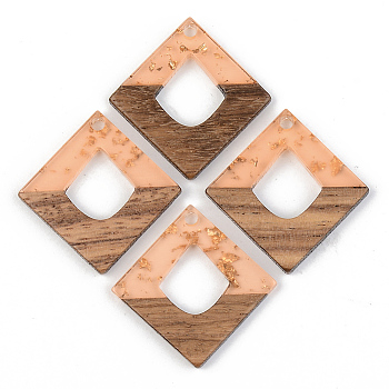 Transparent Resin & Walnut Wood Pendants, with Gold Foil, Rhombus, Dark Turquoise, 27.5x27.5x3mm, Hole: 2mm, Side Length: 19.5mm