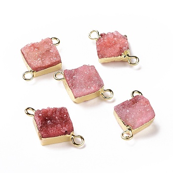 Natural Druzy Quartz Links connectors, with Brass Findings, Square, Silver, Indian Red, 16~18x13~14x6~8mm, Hole: 2mm