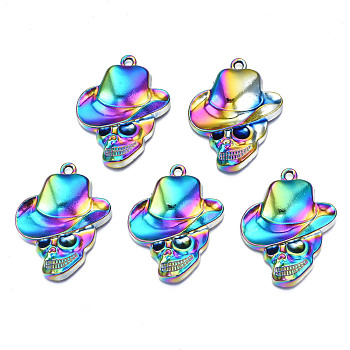 Rainbow Color Alloy Pendants, Cadmium Free & Nickel Free & Lead Free, Skull, 44x34.5x6.5mm, Hole: 2.5mm