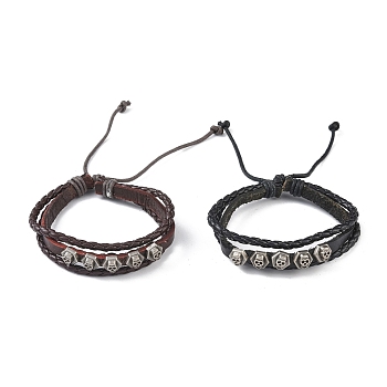 PU Leather & Waxed Cords Triple Layer Multi-strand Bracelets, Braided Adjustable Bracelet Alloy Hexagon Skull, Mixed Color, Inner Diameter: 2-3/8~3-1/8 inch(5.9~8cm)