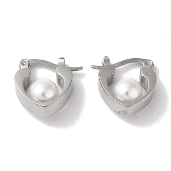 304 Stainless Steel ABS Imitation Pearl Hoop Earrings for Women, Heart, Stainless Steel Color, 16x7.5mm