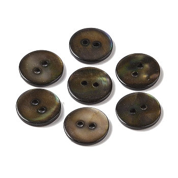 Natural Shell Button, Dyed, 2-Hole, Flat Round, Black, 15x2mm, Hole: 1.8mm