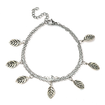 304 Stainless Steel Cable Chains Double Layer Multi-strand Bracelet, with Tibetan Style Alloy Leaf Charms, Antique Silver, 7-1/2 inch(19.1cm)