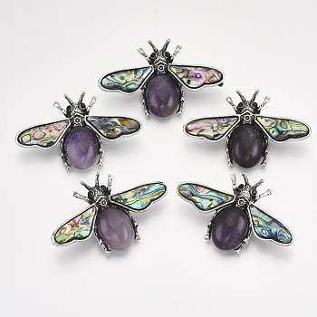 Natural Amethyst Brooches/Pendants, with Rhinestone and Alloy Findings, Abalone Shell/Paua Shelland Resin Bottom, Bee, Antique Silver, 36x56.5x14mm, Hole: 7x4mm, Pin: 0.7mm