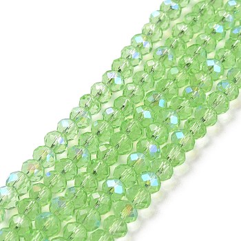 Electroplate Glass Beads Strands, Half Rainbow Plated, Faceted, Rondelle, Light Green, 3x2mm, Hole: 0.8mm, about 145~150pcs/strand, 34~35cm